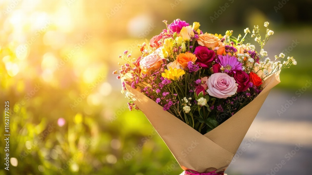 Poster colorful flower bouquet wrapped in kraft paper with vibrant blooms ready for display in a natural se