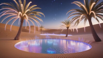 Naklejka premium Illuminated Oasis Pool Amidst Desert Palm Trees