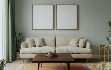 Naklejka premium Minimalist living room interior design with beige sofa, coffee table, two blank frames, and plants.