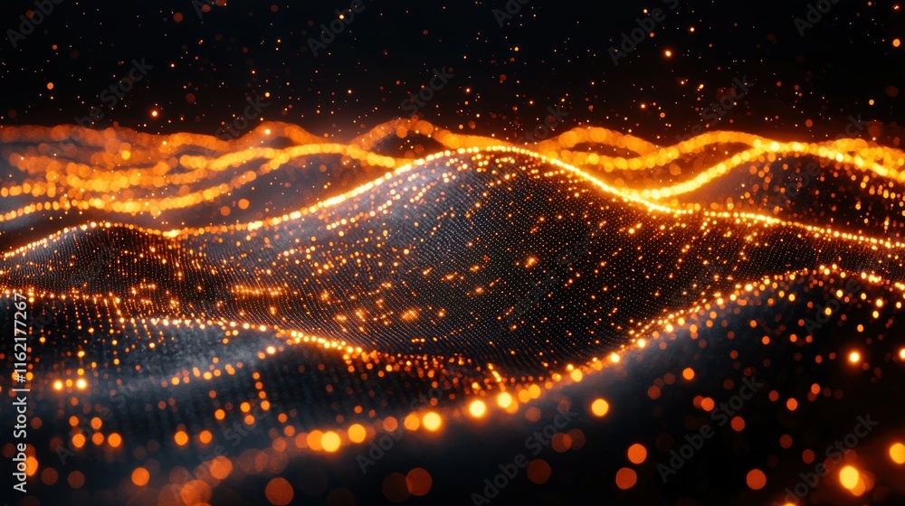 Poster abstract glowing waves with particles in a dark setting.