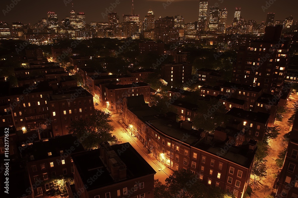 Poster a city skyline at night, with every light in the windows and streets glowing vividly. --ar 3:2 --sty