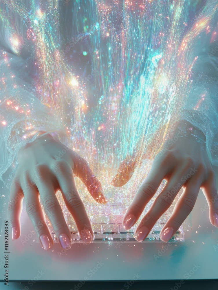 Poster woman hands using laptop with online shopping and networking cloud diagram. cloud computing and comm