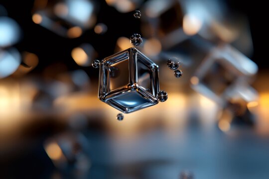 Glass cube and spheres floating in dark space with bokeh effect