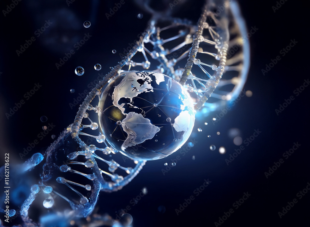 Poster a digital rendering showcases a dna double helix cradling a miniature earth, symbolizing global gene
