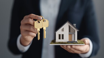 Golden Keys Held by Real Estate Agent with House Model