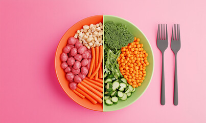Vibrant bowl of assorted vegetables and legumes, divided by color, served on a pink background with two gray forks.