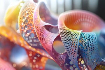 A stunning sculpture features an array of colorful, intertwining patterns that create a captivating...