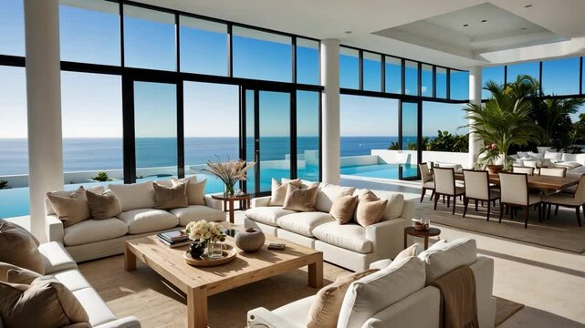 Video footage of Luxurious open plan living and dining area with modern furniture, large windows offering stunning ocean views, and an infinity pool extending towards the horizon