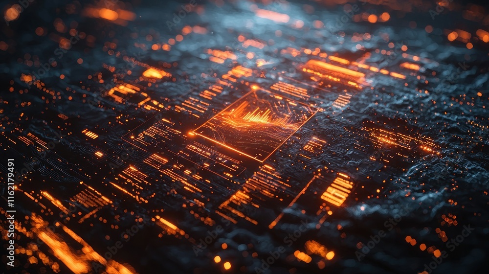 Poster abstract digital landscape with glowing data patterns.
