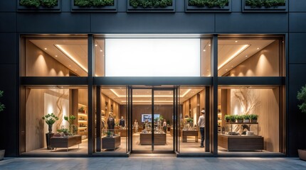 Obraz premium Luxury Boutique Storefront Billboard Mockup with Warm Lighting