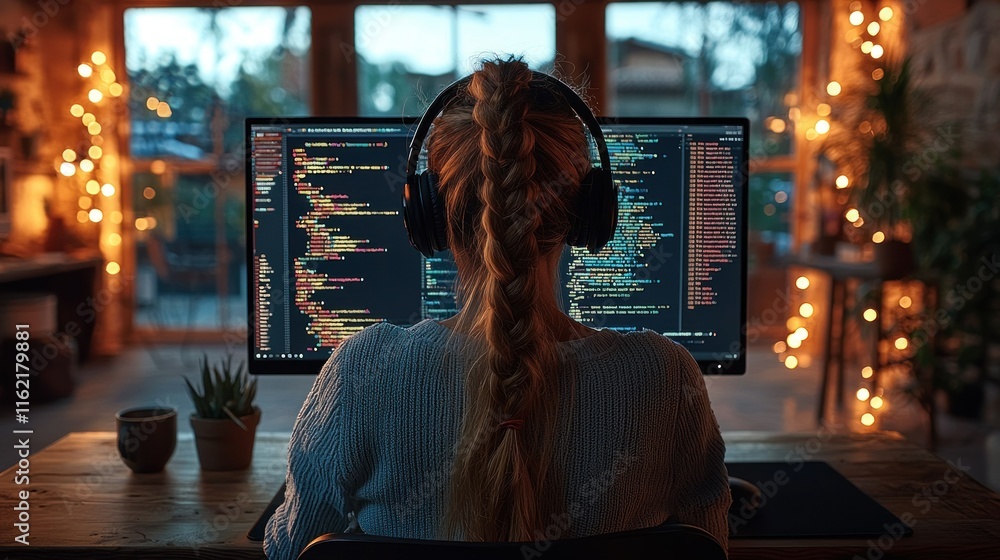 Poster person coding on a computer in a cozy environment.