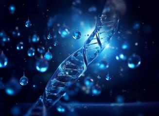 Glowing blue DNA helix surrounded by falling water droplets, a concept of genetic origins or aquatic life.  A dark background enhances the luminescence.
