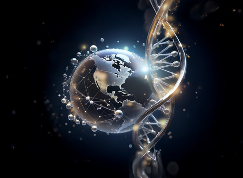 A glowing Earth encircled by a DNA double helix, symbolizing global genetics and the interconnectedness of life.  Particles and light emanate, creating a sense of scientific wonder.