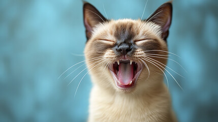 Charming Siamese cat mid laugh with mouth open wide, expressing joy