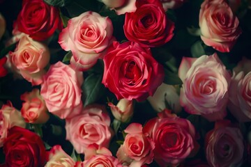 Naklejka premium Natural fresh red roses flowers pattern wallpaper. top view, Red rose flower wall background. MZ