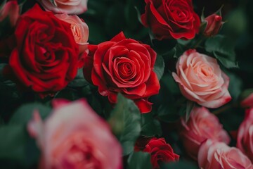 Obraz premium Natural fresh red roses flowers pattern wallpaper. top view, Red rose flower wall background. MZ