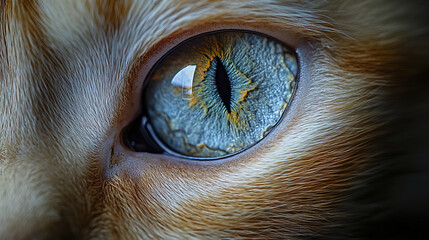 close up of cat striking blue eye, showcasing intricate details and textures