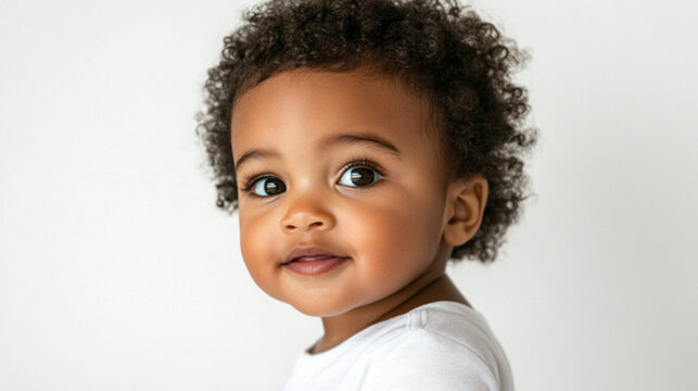 A child leaning slightly forward with eyes widened in interest. This expression of curiosity shows their eagerness to learn and explore the world around them on white studio background 