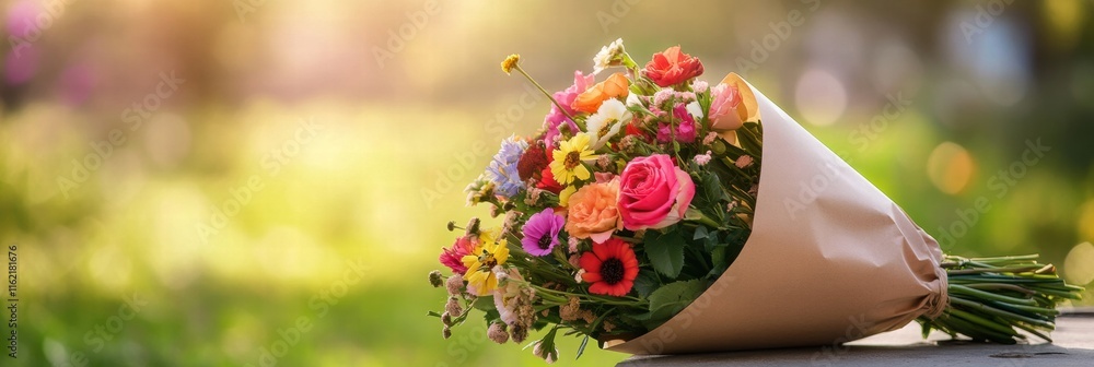 Aufkleber colorful flower bouquet wrapped in kraft paper with a natural background for text placement. generat