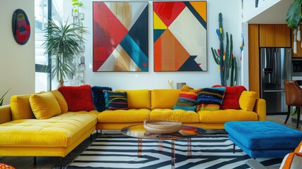 A vibrant, color-blocked living room with modern furniture, bold art pieces, and energy-efficient appliances