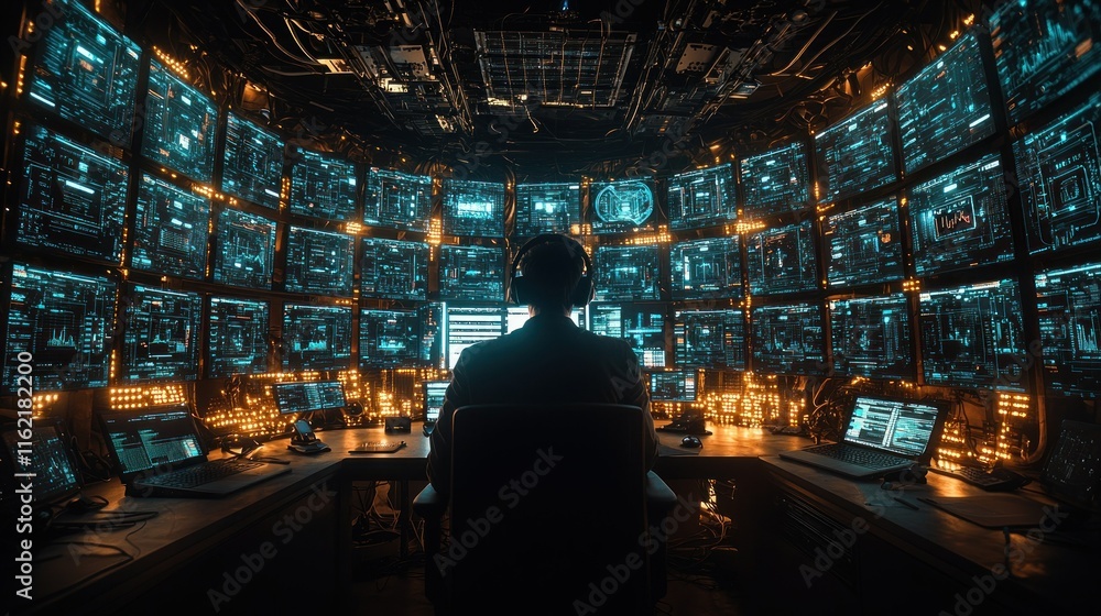 Poster a person monitors multiple screens in a tech environment.