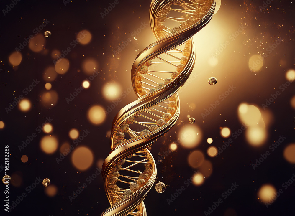 Aufkleber a gleaming golden dna double helix spirals against a dark background speckled with bokeh lights. the