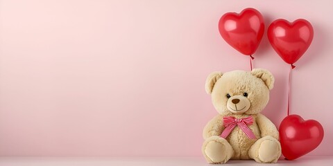 Valentine's Day Banner teddy concept. A teddy bear with red heart balloons on a soft pink background.