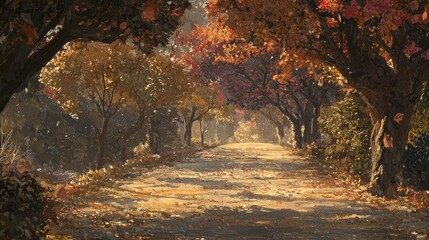 Serene autumn pathway lined with colorful trees.