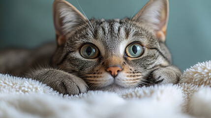 curious gray tabby cat with large eyes resting on soft blanket