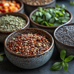 Fototapeta premium Variety of seeds and herbs in rustic bowls