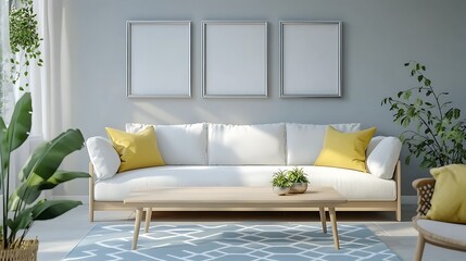 Modern living room interior with white sofa, wooden coffee table, three blank frames, and potted plants.