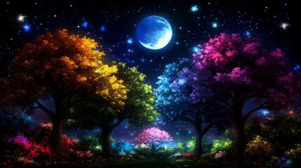 Rainbow Trees Underneath a Night Sky and Moon