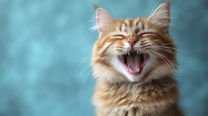 Fluffy ginger cat sitting upright, mouth wide open in joyful yawn