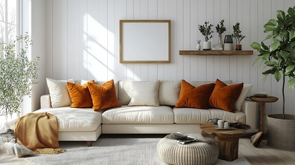 Cozy living room with beige sectional sofa, orange pillows, wooden coffee table, and a blank frame on white shiplap wall.