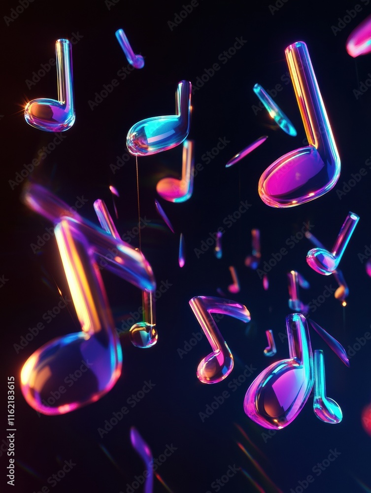 Fototapete Floating 3D music notes in vibrant colors create an engaging and dynamic visual effect against a dark background. Generative AI