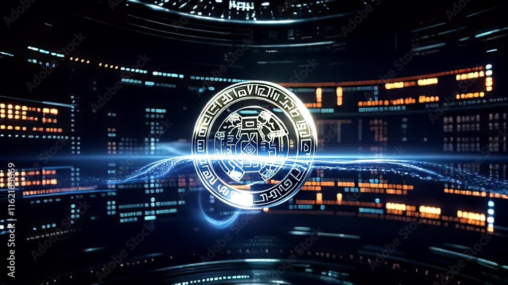 Poster glowing digital coin with intricate cryptocurrency symbols rotating in futuristic environment showca