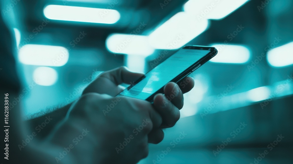 Poster Close-up male hand using smartphone at meeting room blur bokeh background. searching data networks or chatting online. typing sending message. mockup mobile phone wireless.