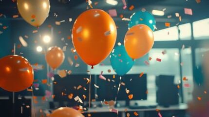 Bright Office Celebration with Balloons and Confetti