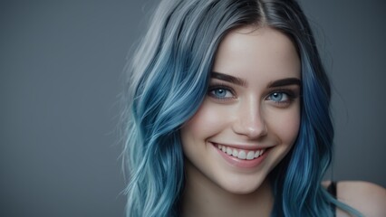 Fototapeta premium smiling girl close-up with blue hair looking at camera on gray background