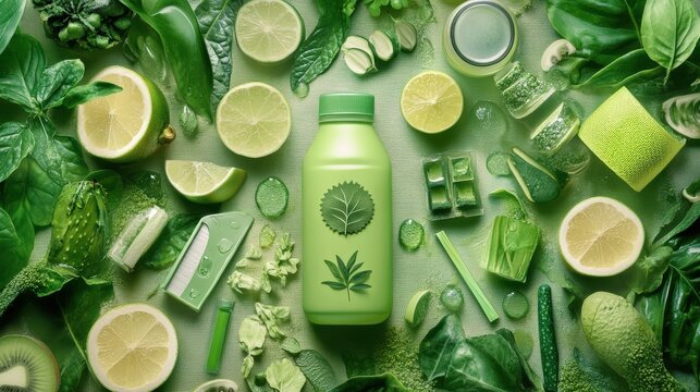 A variety of green products displayed on a natural background, with an overlay of eco-friendly symbols and green leaves, promoting environmental consciousness.