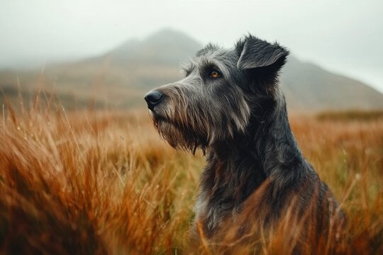 A dramatic shot of an Irish wolfhound sitting proudly in a misty meadow, embodying strength and elegance