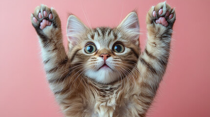 Fototapeta premium Fluffy Persian cat with paws raised, expressing curiosity and playfulness