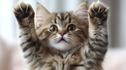 Fluffy Persian cat with paws raised, looking playful and curious