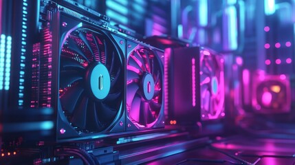 Dual GPUs in neon-lit computer case.