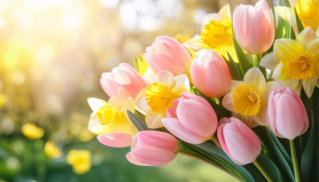 A vibrant bouquet showcases pastel pink tulips alongside bright yellow daffodils, embodying the essence of cheerful spring moments. This arrangement brings joy and warmth to any setting