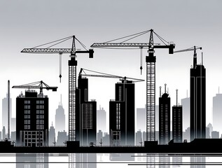 Construction site skyline with cranes and skyscrapers rising, symbolizing urban growth and modern architecture, showcasing the dynamic process of building infrastructure in bustling metropolitan citie