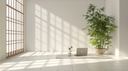 Minimalist room interior with sunlight, laptop, plants, and shoji screen.