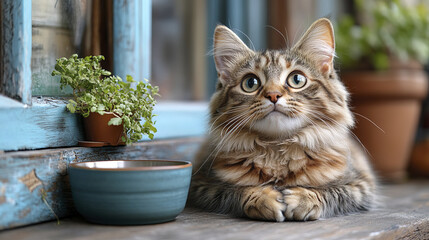 Fluffy tabby cat resting on rustic wooden floor near plant and bowl