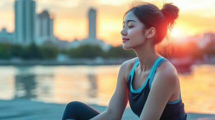 Fitness healthy asian woman runner relaxing after running outdoors enjoying view on waterfront