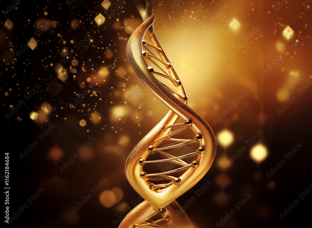 Poster a luminous golden dna double helix glows against a dark, bokeh background. its intricate structure i
